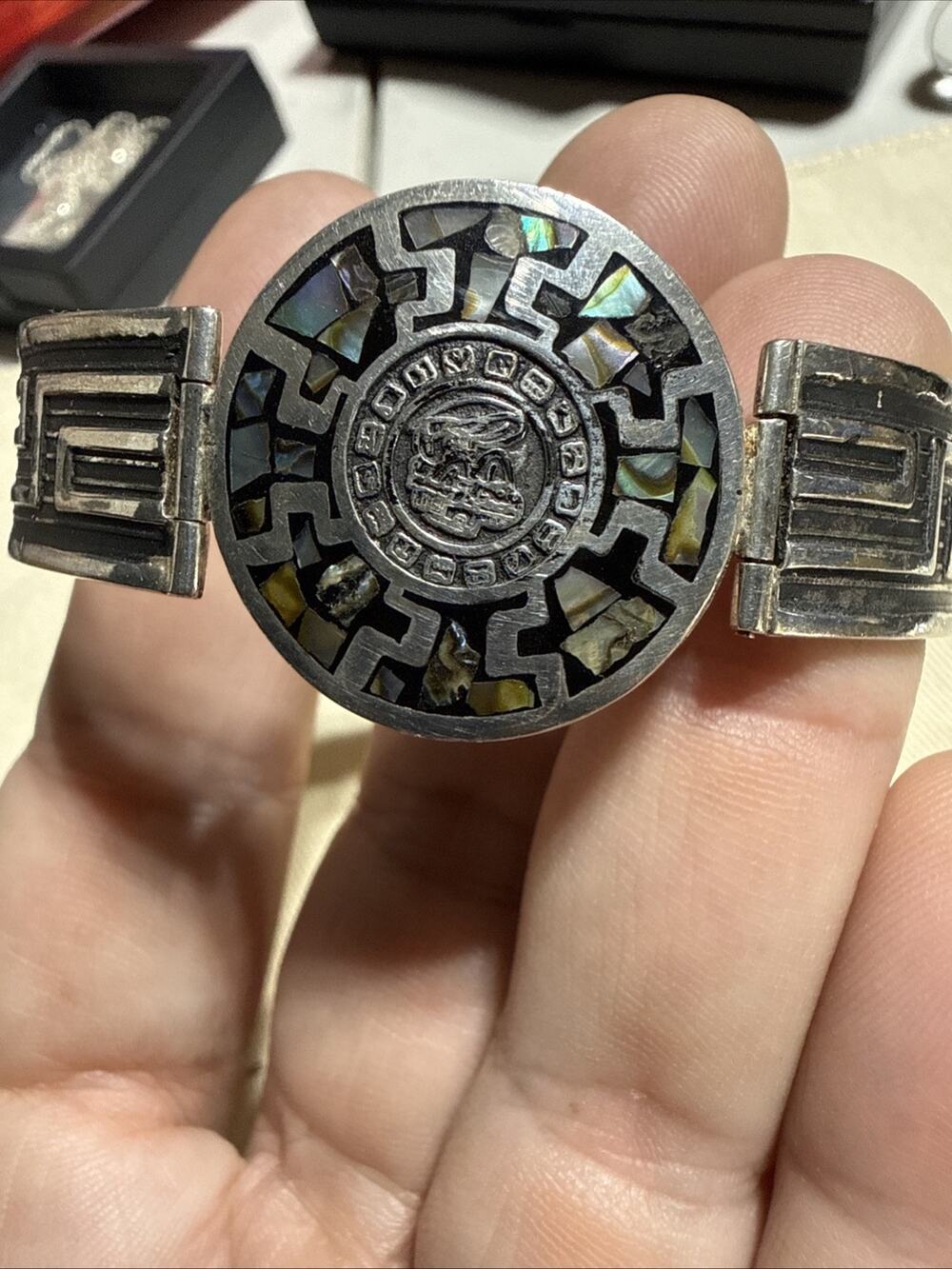 Vintage Mid Century Mexican 925 Sterling Silver Abalone Aztec Calendar Bracelet